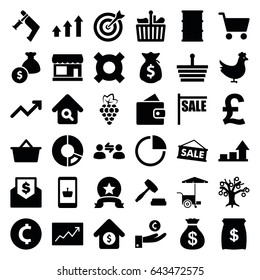 Market icons set. set of 36 market filled icons such as chicken, grape, store, wallet, money sack, nail gun, fast food cart, barrel, line graph, pie chart, home search
