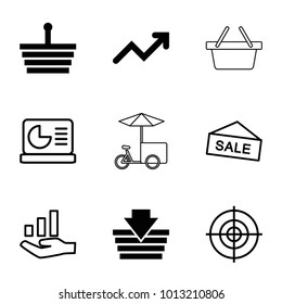 Market icons. set of 9 editable filled and outline market icons such as shopping basket, graph, sale, target, chart on display, graph on hand