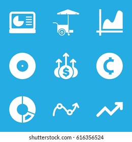 Market icons set. set of 9 market filled icons such as fast food cart, graph, chart on display, money up, coin, pie chart