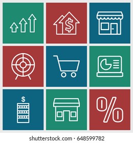 Market icons set. set of 9 market outline icons such as coin, target, graph, shopping cart, chart on display, store, dolar growth