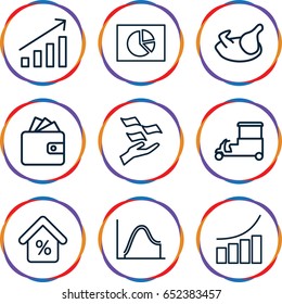 Market icons set. set of 9 market outline icons such as chicken, money on hand, wallet, graph, fast food cart, mortgage