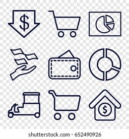 Market icons set. set of 9 market outline icons such as dollar down, money on hand, fast food cart, house sale, shopping cart, wallet