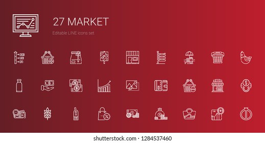 market icons set. Collection of market with bag, coin, money, promotions, supermarket, wheat, shopping basket, wallet, image, bar chart, cash. Editable and scalable market icons.