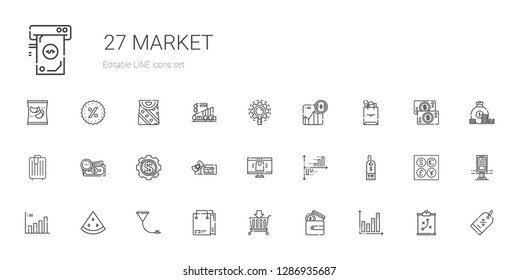 market icons set. Collection of market with bar chart, wallet, basket, shopping bag, funnel, watermelon, supermarket, online shop, voucher. Editable and scalable market icons.