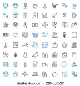 market icons set. Collection of market with bitcoin, line chart, savings, report, stock, broccoli, trolley, target, tags, wallet, bag, promotions. Editable and scalable market icons.