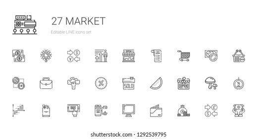 market icons set. Collection of market with coin, wallet, display, online shopping, mobile shopping, tote bag, bar chart, open, watermelon. Editable and scalable market icons.