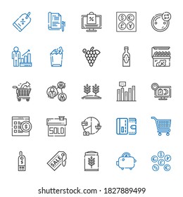 market icons set. Collection of market with coins, savings, wheat, supermarket, carts, wallet, pie chart, sold, online shop, sale, bar chart. Editable and scalable market icons.