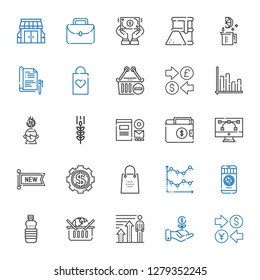 market icons set. Collection of market with currency, investment, profits, online shopping, oils, money, line chart, shopping bag, new, vector. Editable and scalable market icons.