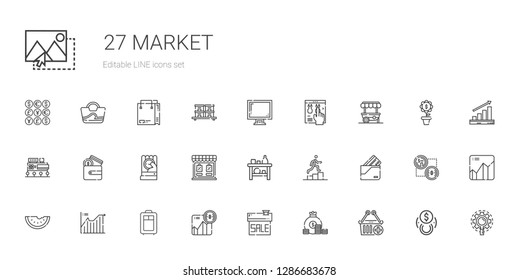 market icons set. Collection of market with e commerce, coin, sale, bitcoin, trolley, line chart, watermelon, wallet, promotion, shelf, store. Editable and scalable market icons.