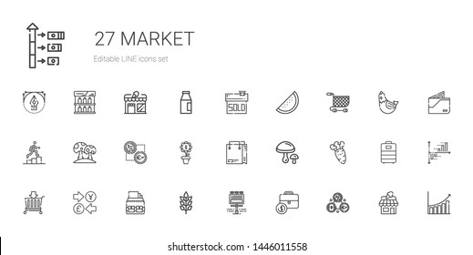 market icons set. Collection of market with exchange, portfolio, billboard, wheat, currency, basket, carrot, mushrooms, shopping bag, growth. Editable and scalable market icons.