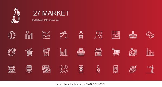 market icons set. Collection of market with mobile shopping, products, money, currency, billboard, food stand, shopping cart, shop, upermarket. Editable and scalable market icons.