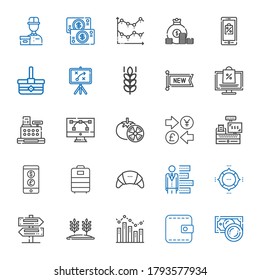 market icons set. Collection of market with money, wallet, bar chart, wheat, signs, pie chart, products, trolley, currency, cashier, tomatoes. Editable and scalable market icons.