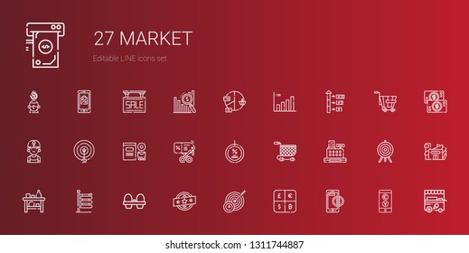 market icons set. Collection of market with online payment, currency, target, brand, organic eggs, signs, shelf, cashier, shopping cart, discount. Editable and scalable market icons.