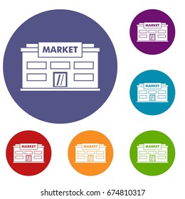 Market icons set in flat circle reb, blue and green color for web