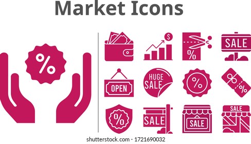 market icons set. included profits, sale, shop, wallet, voucher, discount, warranty, open icons. filled styles.