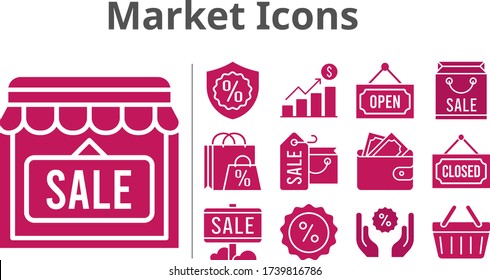 market icons set. included profits, shopping bag, sale, shop, wallet, discount, warranty, closed, shopping-basket, open icons. filled styles.