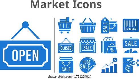 market icons set. included profits, shopping bag, sale, shop, voucher, shopping cart, closed, shopping-basket, barcode, open icons. filled styles.