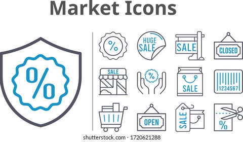 market icons set. included shopping bag, sale, shop, voucher, shopping cart, warranty, discount, closed, barcode, open icons. bicolor styles.