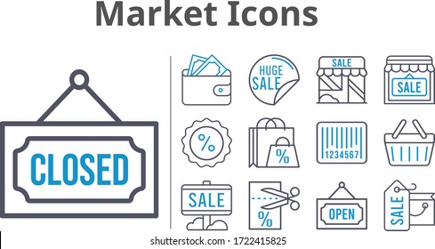 market icons set. included shopping bag, sale, wallet, shop, voucher, closed, discount, shopping-basket, barcode, open icons. bicolor styles.