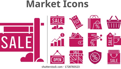 market icons set. included shopping bag, profits, sale, shop, wallet, voucher, warranty, shopping-basket, open, trolley icons. filled styles.