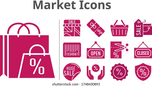 market icons set. included shopping bag, sale, shop, voucher, discount, warranty, closed, shopping-basket, barcode, open icons. filled styles.