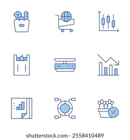 Market icons set. Line Duotone style, editable stroke. shopping cart, trend, carrot, candlestick chart, shopping bag, circular chart, food scale, documents.