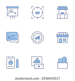 Market icons set. Line Duotone style, editable stroke. store, market analysis, stocks, customer, grocery bag, strategy, analysis, report, market.