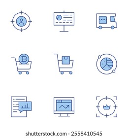 Market icons set. Line Duotone style, editable stroke. analysis, cart, customer, shopping cart, analytics, food truck, market, market analysis, focus.