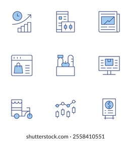 Market icons set. Line Duotone style, editable stroke. financial, market research, price list, market, stock market, supplies, trading, snack booth, review.