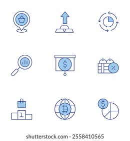 Market icons set. Line Duotone style, editable stroke. gold, world, market, money management, analytics, podium, economy, pie chart, location pin.