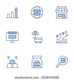 Market icons set. Line Duotone style, editable stroke. stock market, increase, street market, trade, saving money, store, ecommerce, gold.