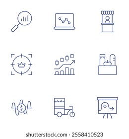 Market icons set. Thin Line style, editable stroke. laptop, market, analytics, customer, frequency, stock market, supplies, snack booth, strategy.