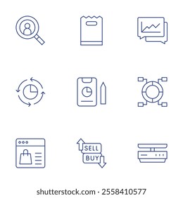 Market icons set. Thin Line style, editable stroke. analysis, circular chart, food scale, market research, paper bag, pie chart, report, review, sell and buy.