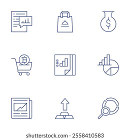 Market icons set. Thin Line style, editable stroke. analysis, bag, cart, documents, financial, gold, market research, pie chart, research.