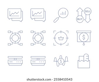 Market icons. Thin Line style, editable stroke. analysis, analytics, circular chart, customer, food scale, frequency, buy, economy, grocery bag.