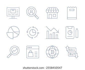 Market icons. Thin Line style, editable stroke. market research, pie chart, research, store, trend, world, paper bag, report, review, sell and buy.