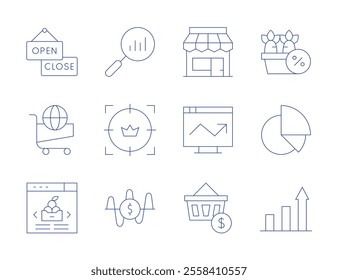 Market icons. Thin Line style, editable stroke. market analysis, shopping cart, analytics, carrot, customer, frequency, increase, market, pie chart, shopping basket, signboard, store.