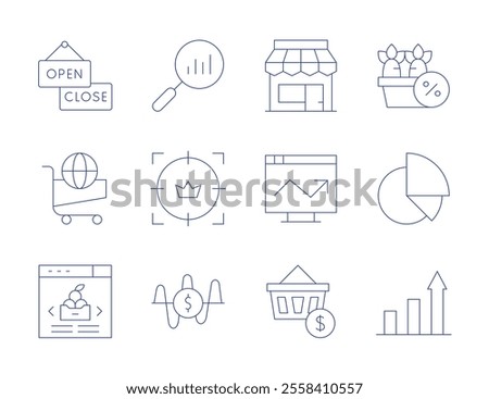 Market icons. Thin Line style, editable stroke. market analysis, shopping cart, analytics, carrot, customer, frequency, increase, market, pie chart, shopping basket, signboard, store.