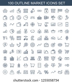 market icons. Trendy 100 market icons. Contain icons such as envelope with dollar bill, chicken, graph, percent, auction, store, chart on display. market icon for web and mobile.