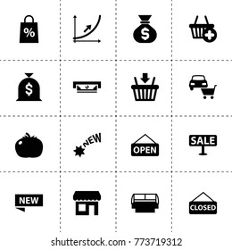 Market icons. vector collection filled market icons. includes symbols such as tomato, atm, car shop, money sack, increase line graph, new. use for web, mobile and ui design.