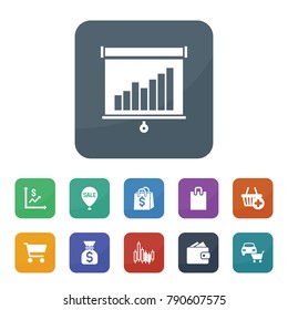 Market icons. vector collection filled market icons such as money graph, car shop, money sack, graph, graph on board, shopping bag, sale balloon, wallet, shopping basket