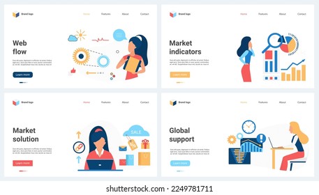 Market indicators and solutions, global web support set vector illustration. Cartoon tiny people work with flow of data in mechanism with gears, research charts with magnifying glass and laptop