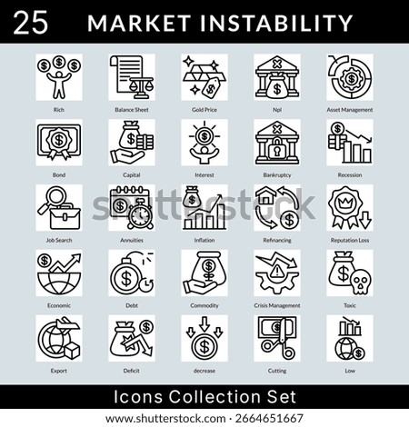 Market Instability icon set collection in outline style. an icon pack contain capital, interest, bankruptcy, recession, job search, annuities, inflation, refinancing, reputation loss, economic