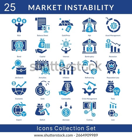 Market Instability icon set collection in solid glyph style. an icon pack contain capital, interest, bankruptcy, recession, job search, annuities, inflation, refinancing, reputation loss, economic