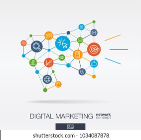 Market integrated thin line web icons in megaphone message shape. Digital neural network interact concept. Connected polygons system. Abstract background for seo optimization, web development. Vector