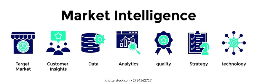 Anuncio de Inteligencia de Mercado Concepto de Ilustración vectorial de Iconos de Web Para El Mercado Objetivo, Información Del Cliente, Datos, Análisis, Calidad, Estrategia, Tecnología