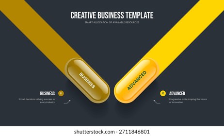Plantilla de presentación de diapositivas de diagrama de dos elementos. Ilustración vectorial de presentación de propuestas financieras. Rendimiento del proyecto Diseño de diapositivas de infografía de 2 pasos.