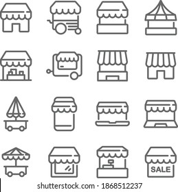 Market, Kiosk Icon Illustration Vector Set. Contains Such Icons As Market Store, Shop, Store, Stand,  And More. Expanded Stroke