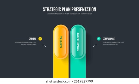 Markteinführung Frame Design Vektorgrafik. Präsentationslayout für ein Zweielementdiagramm der Finanzentwicklung. Marketing Portfolio 2 Option Infografik Slideshow Vorlage.