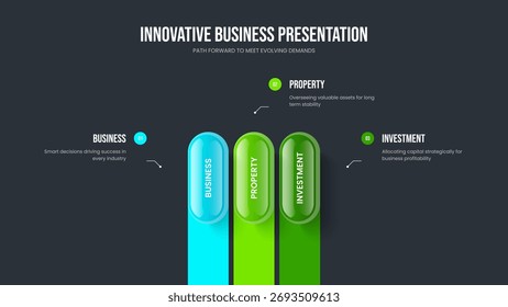 Ilustración vectorial de diseño de diapositivas de lanzamiento de mercado. Solución financiera Diseño de presentación de infografía en tres pasos. Ventas Desarrollo 3 Opción Diagrama Marco Plantilla.
